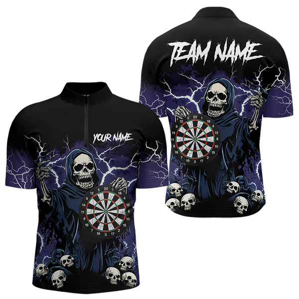 Purple Lightning Thunder Skull Darts Polo, Quarter zip Shirts For Men Custom Team Darts Jersey Outfit NQS9446