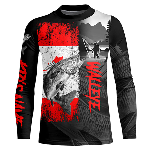 Canadian Flag Walleye Fishing Custom long sleeve performance Fishing Shirts, Walleye fishing jerseys NQS7362