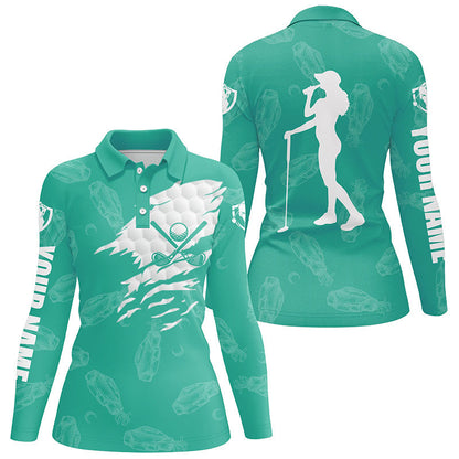 Womens golf polo shirts custom name golf clubs pattern shirt for ladies | Turquoise NQS7536