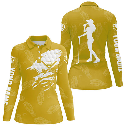 Womens golf polo shirts custom name golf clubs pattern shirt for ladies | Yellow NQS7536