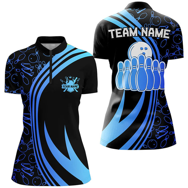 Black Women bowling shirts Custom Blue neon team league bowling jerseys, gifts for bowlers NQS7537