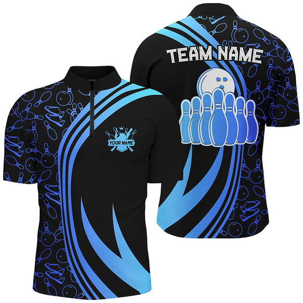 Black Mens bowling shirts Custom Blue neon team league bowling jerseys, gifts for bowlers NQS7537