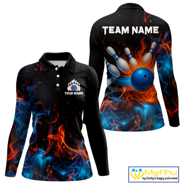 Blue and Orange Flame Bowling Polo, Quarter Zip Shirts for Women Custom Team bowling outfit uniform NQS10026