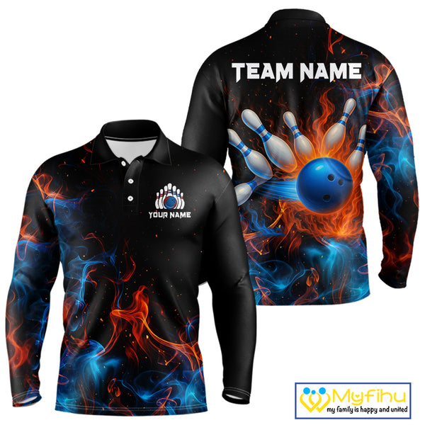 Blue and Orange Flame Bowling Polo, Quarter Zip Shirts for Men Custom Team bowling outfit uniform NQS10026