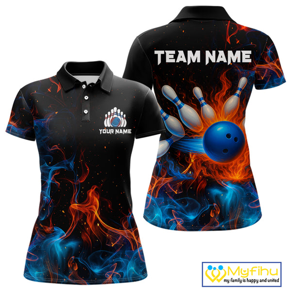 Blue and Orange Flame Bowling Polo, Quarter Zip Shirts for Women Custom Team bowling outfit uniform NQS10026