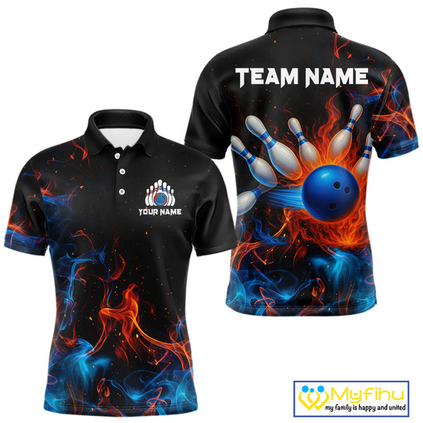Blue and Orange Flame Bowling Polo, Quarter Zip Shirts for Men Custom Team bowling outfit uniform NQS10026