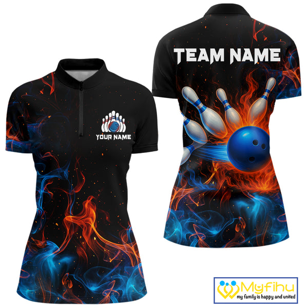 Blue and Orange Flame Bowling Polo, Quarter Zip Shirts for Women Custom Team bowling outfit uniform NQS10026