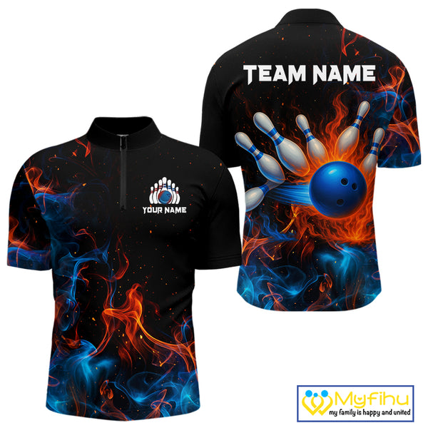 Blue and Orange Flame Bowling Polo, Quarter Zip Shirts for Men Custom Team bowling outfit uniform NQS10026