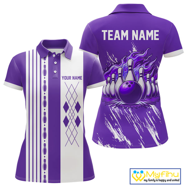 Retro Purple argyle Flame Bowling shirts For Women custom bowling team jerseys Ladies Bowler Outfits NQS10326