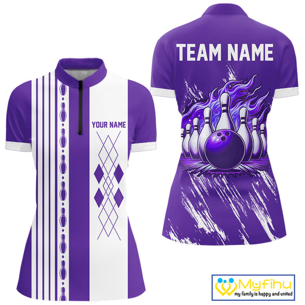 Retro Purple argyle Flame Bowling shirts For Women custom bowling team jerseys Ladies Bowler Outfits NQS10326