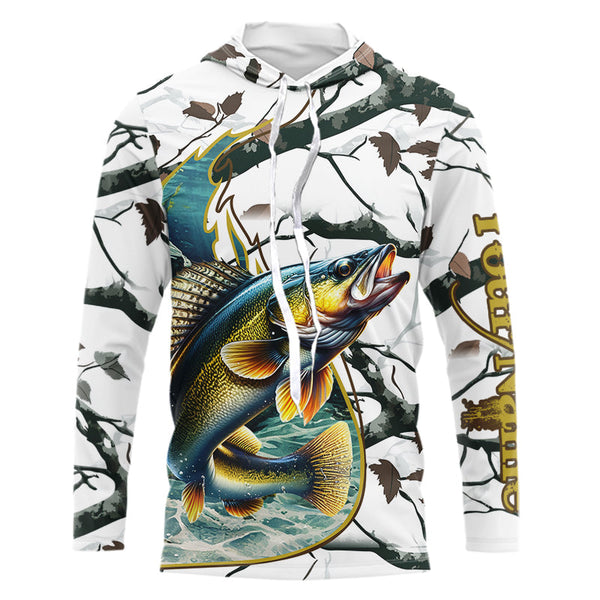 Ice fishing walleye winter camo custom long sleeve fishing shirts, walleye jerseys NQS3992