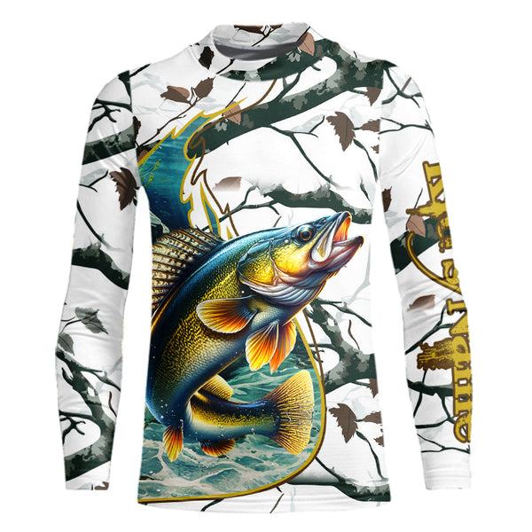 Ice fishing walleye winter camo custom long sleeve fishing shirts, walleye jerseys NQS3992