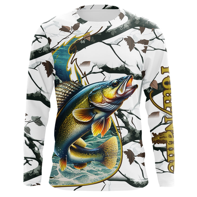 Ice fishing walleye winter camo custom long sleeve fishing shirts, walleye jerseys NQS3992