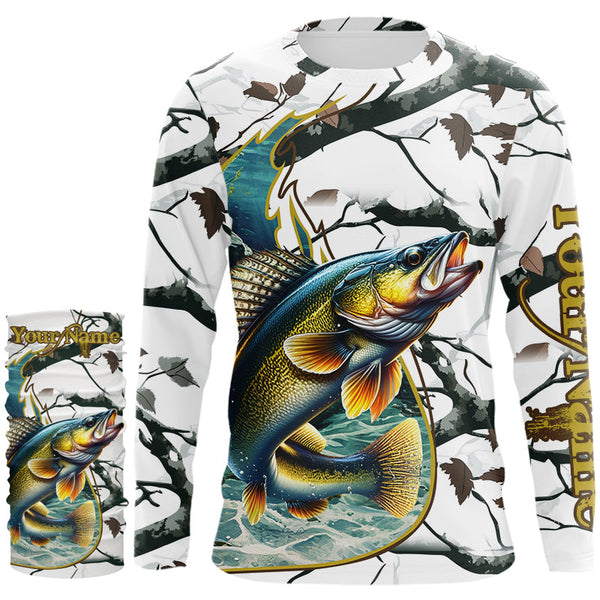 Ice fishing walleye winter camo custom long sleeve fishing shirts, walleye jerseys NQS3992