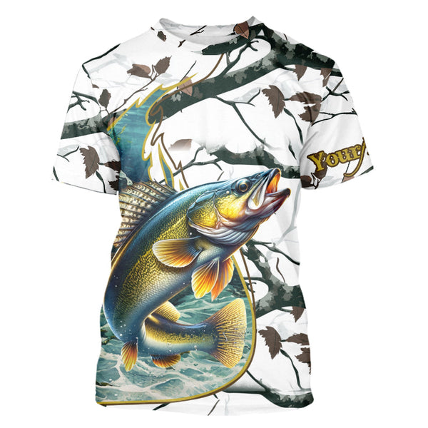 Ice fishing walleye winter camo custom long sleeve fishing shirts, walleye jerseys NQS3992