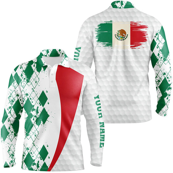 Mens golf polos shirts custom Mexico flag green argyle pattern white golf ball men's golf shirts NQS6472