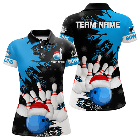 Christmas Bowling Polo, Quarter Zip Shirts For Women Custom Christmas Bowling Team Jerseys | Blue NQS9056