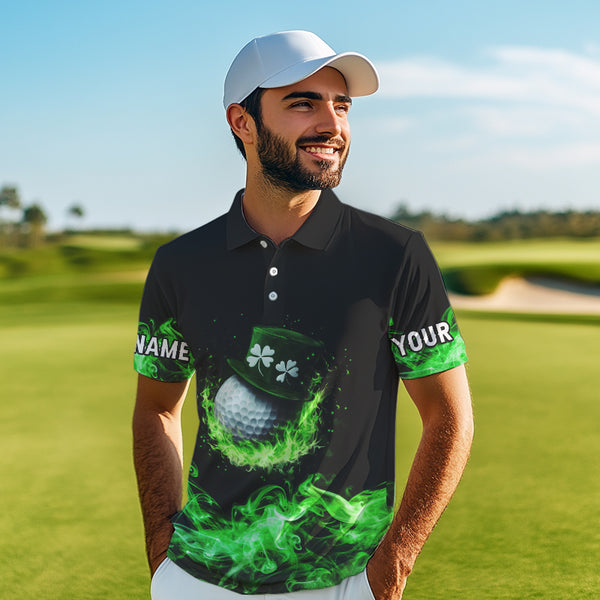 Personalized Green Flame Smoke Lucky clover golf polo shirts for men custom St Patrick Day golf shirts NQS9450