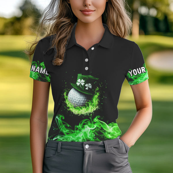Personalized Green Flame Smoke Lucky clover golf polo shirt for Women custom St Patrick Day golf shirt NQS9450