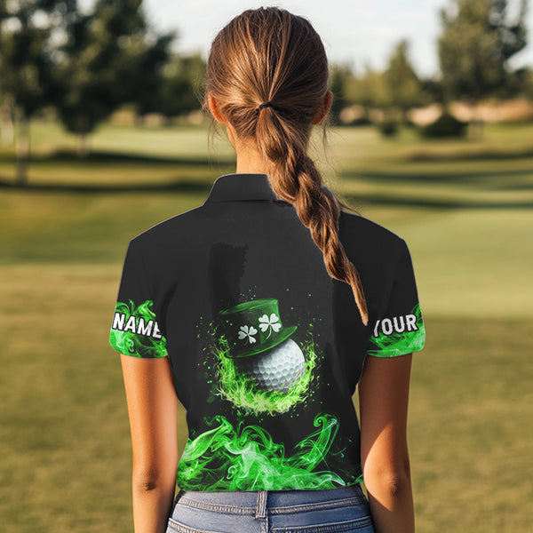 Personalized Green Flame Smoke Lucky clover golf polo shirt for Women custom St Patrick Day golf shirt NQS9450
