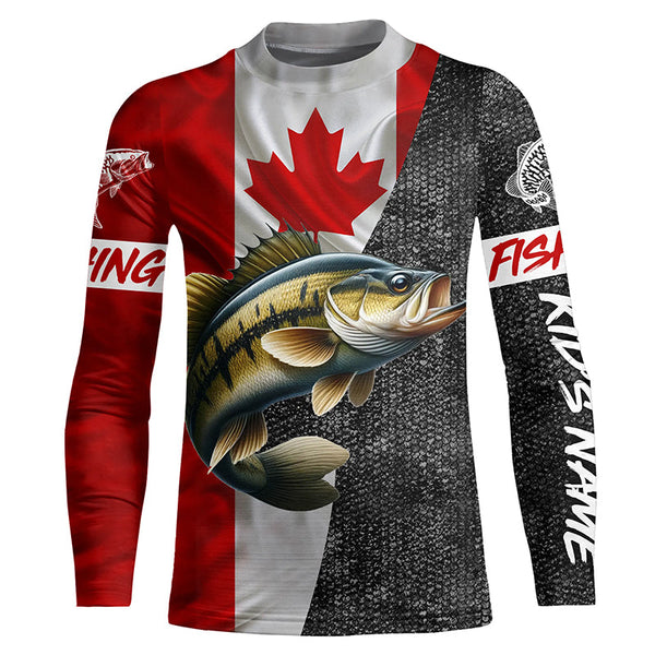 Canadian Flag Smallmouth Bass Fishing Custom long sleeve performance Fishing Shirts, Bass jerseys NQS5072