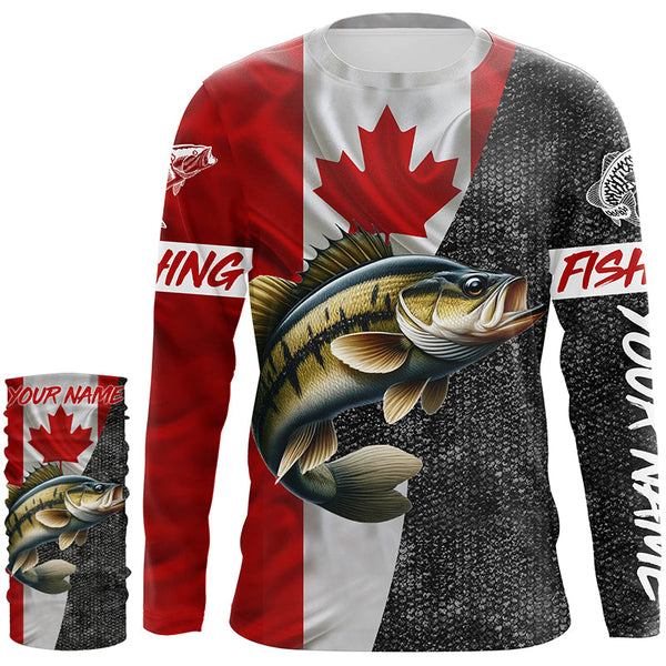 Canadian Flag Smallmouth Bass Fishing Custom long sleeve performance Fishing Shirts, Bass jerseys NQS5072