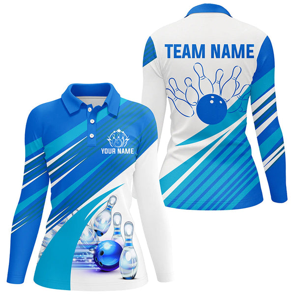 Blue and white Womens bowling shirt Custom bowling team league jerseys, gifts for ladies bowlers NQS7547