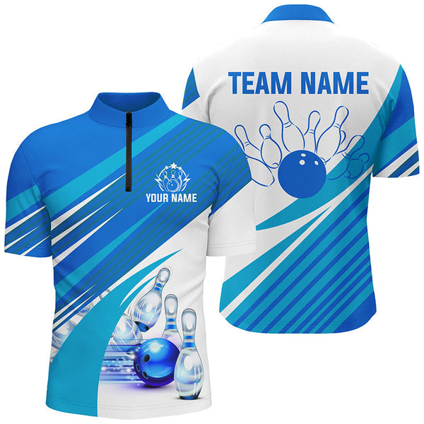 Blue and white Mens bowling shirts Custom bowling team league jerseys, gifts for mens bowlers NQS7547
