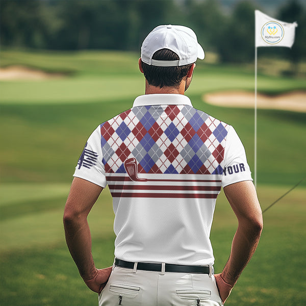 Red, White and Blue argyle pattern golf clubs Mens Golf polo shirts Custom golf attire for men NQS10030