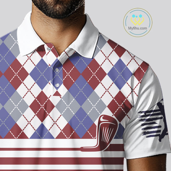 Red, White and Blue argyle pattern golf clubs Mens Golf polo shirts Custom golf attire for men NQS10030