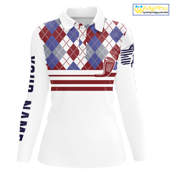 Red, White and Blue argyle pattern golf clubs Women Golf polo shirts Custom golf attire for ladies NQS10030