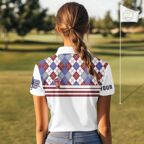 Red, White and Blue argyle pattern golf clubs Women Golf polo shirts Custom golf attire for ladies NQS10030
