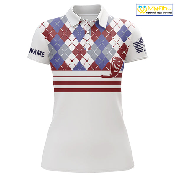 Red, White and Blue argyle pattern golf clubs Women Golf polo shirts Custom golf attire for ladies NQS10030