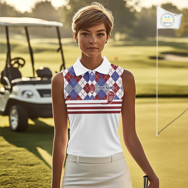 Red, White and Blue argyle pattern golf clubs Sleeveless Golf polo shirts Custom ladies golf attire NQS10030