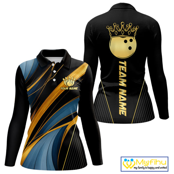 Blue & Gold Bowling ball Polo, Quarter Zip Shirts for Women Custom Bowling Outfit Team bowlers jersey NQS10032