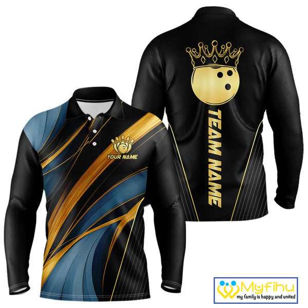 Blue and Gold Bowling ball Polo, Quarter Zip Shirts for Men Custom Bowling Outfit Team bowlers jersey NQS10032