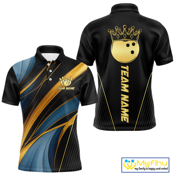 Blue and Gold Bowling ball Polo, Quarter Zip Shirts for Men Custom Bowling Outfit Team bowlers jersey NQS10032