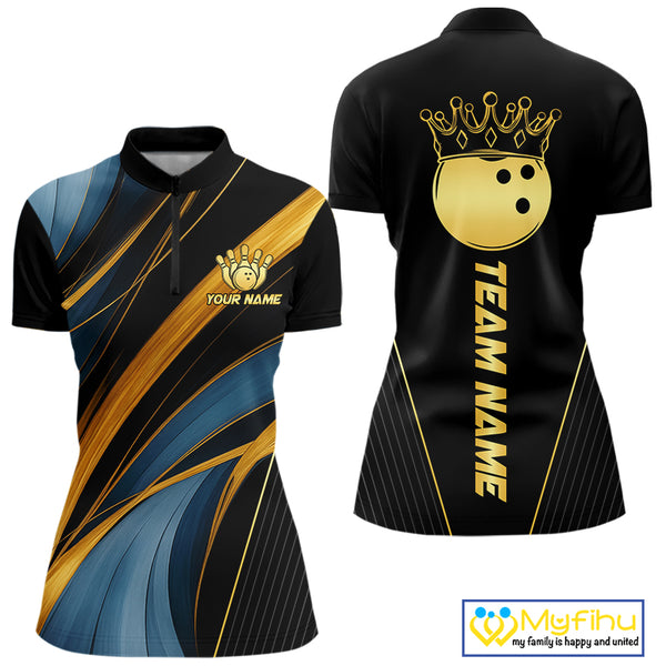 Blue & Gold Bowling ball Polo, Quarter Zip Shirts for Women Custom Bowling Outfit Team bowlers jersey NQS10032