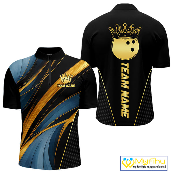 Blue and Gold Bowling ball Polo, Quarter Zip Shirts for Men Custom Bowling Outfit Team bowlers jersey NQS10032