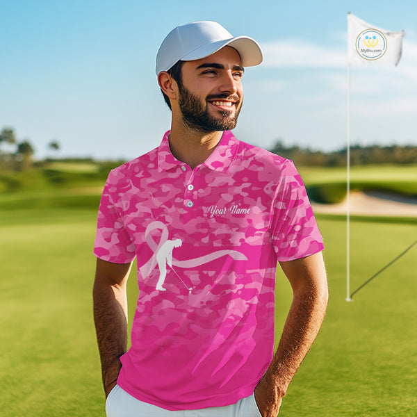 Breast Cancer Awareness golf shirts custom Mens golf polos shirts, pink camo ribbon golf shirts NQS10191