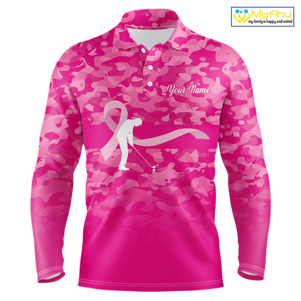 Breast Cancer Awareness golf shirts custom Mens golf polos shirts, pink camo ribbon golf shirts NQS10191