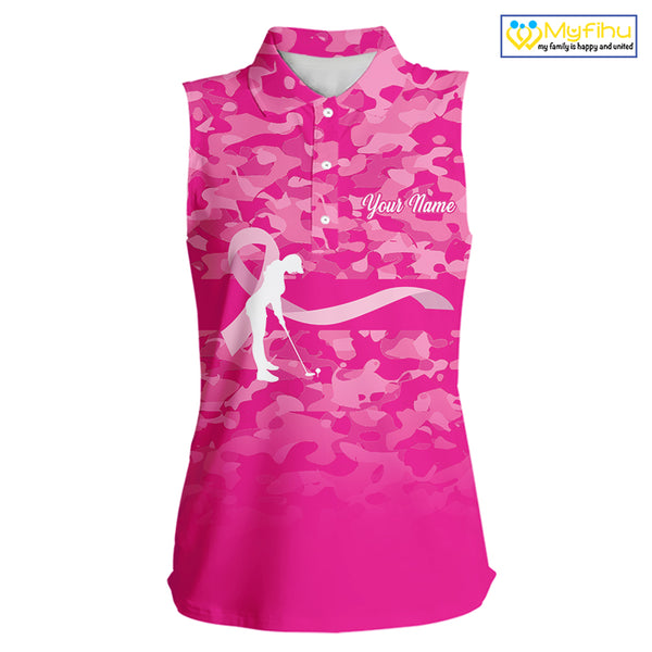 Breast Cancer Awareness golf shirts custom Women sleeveless golf polos, pink camo ribbon golf shirts NQS10191