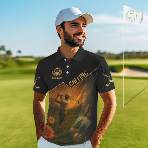 Black & Gold Golf polo shirt for men Custom  Mens golf tops, gift for golfers NQS10339
