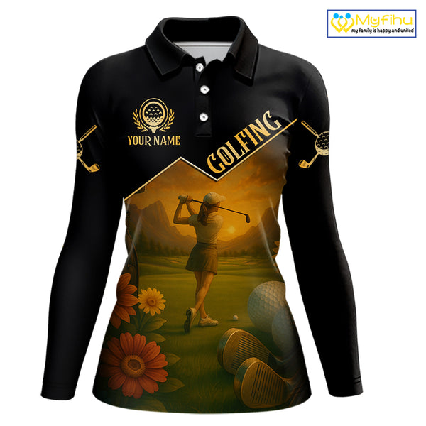 Black & Gold Golf polo shirt for Women Custom  Ladies golf tops, gift for golfers NQS10339