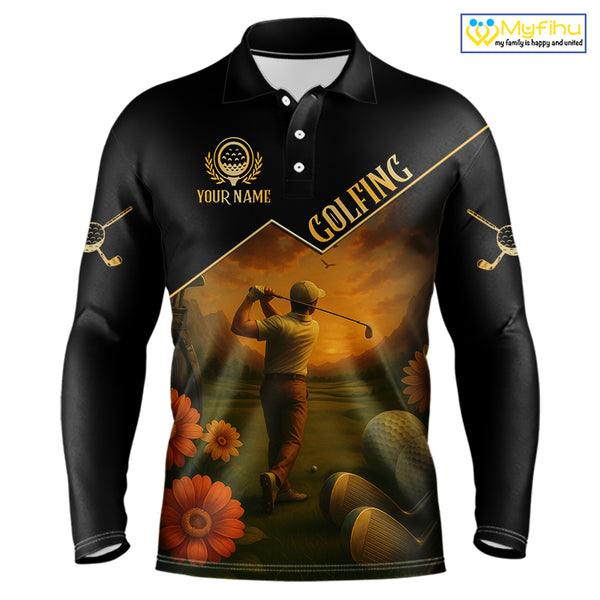 Black & Gold Golf polo shirt for men Custom  Mens golf tops, gift for golfers NQS10339