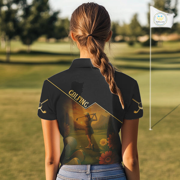Black & Gold Golf polo shirt for Women Custom  Ladies golf tops, gift for golfers NQS10339