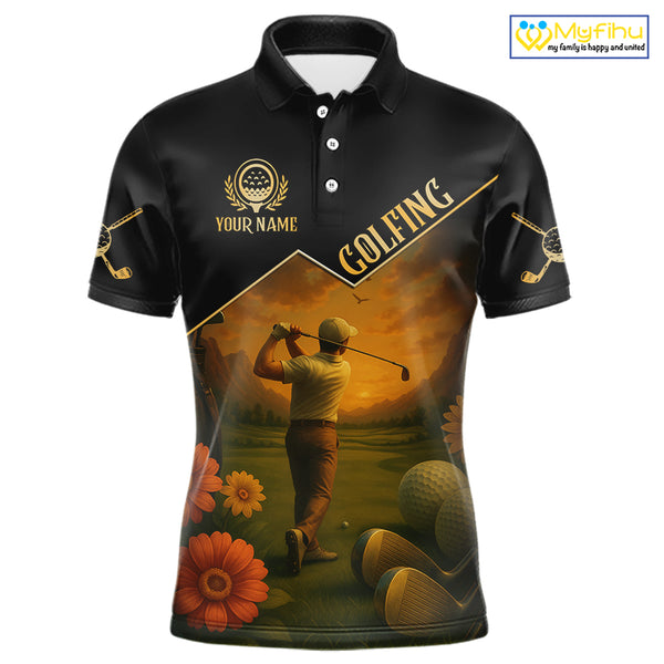 Black & Gold Golf polo shirt for men Custom  Mens golf tops, gift for golfers NQS10339