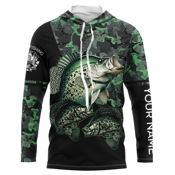 Crappie fishing black green camo personalized custom name sun protection long sleeve fishing shirts NQS3837