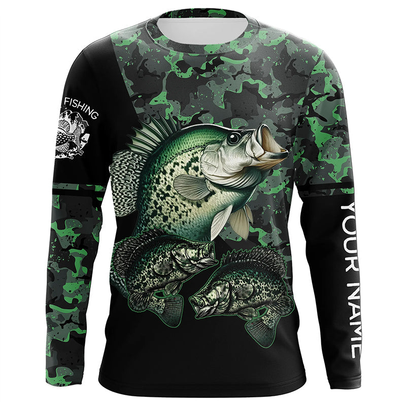 Crappie fishing black green camo personalized custom name sun protection long sleeve fishing shirts NQS3837