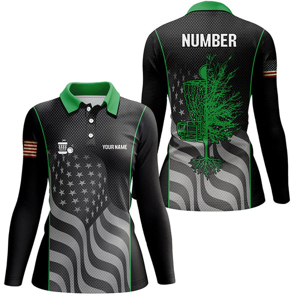 Green black American flag Womens disc golf polo shirt custom name, number patriotic disc golf jersey NQS6250
